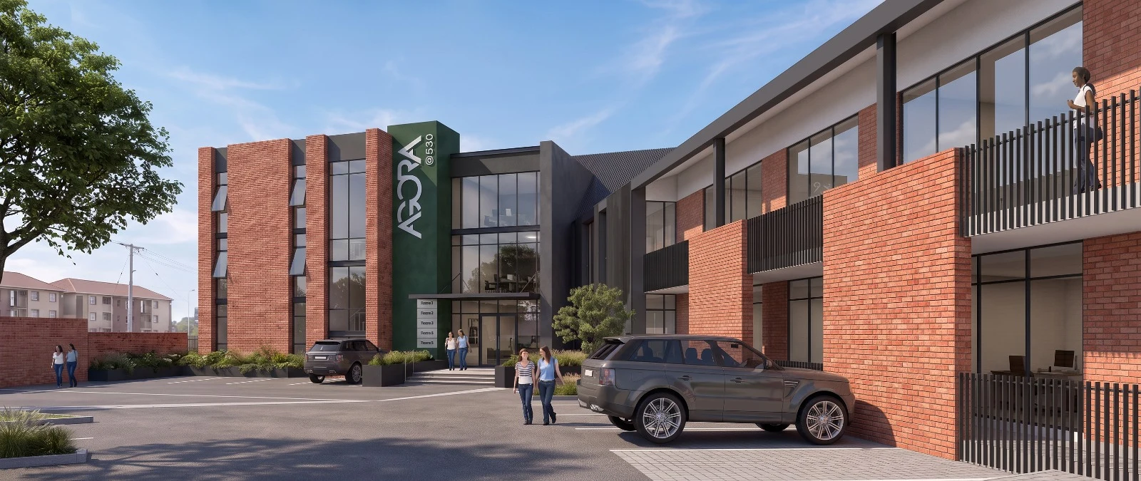 Proposed arrival courtyard with brick facades and a glazed reception entrance
