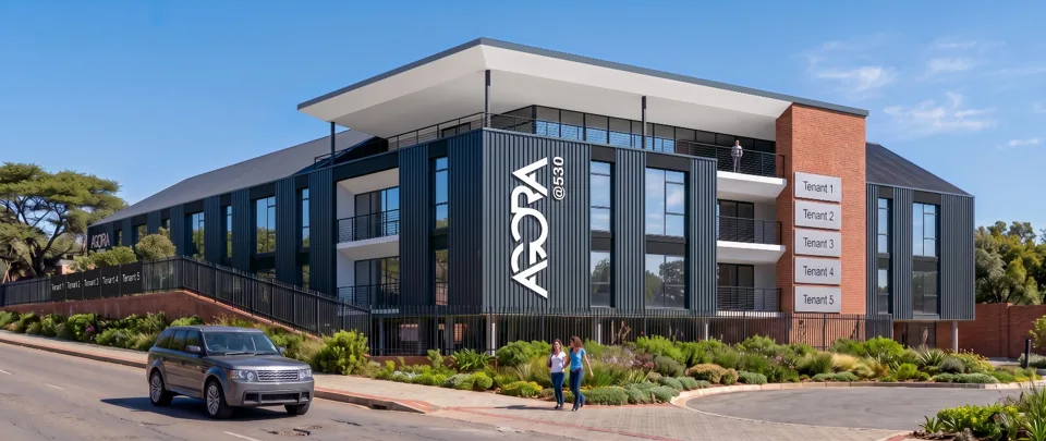 Corner perspective of the proposed AGORA development