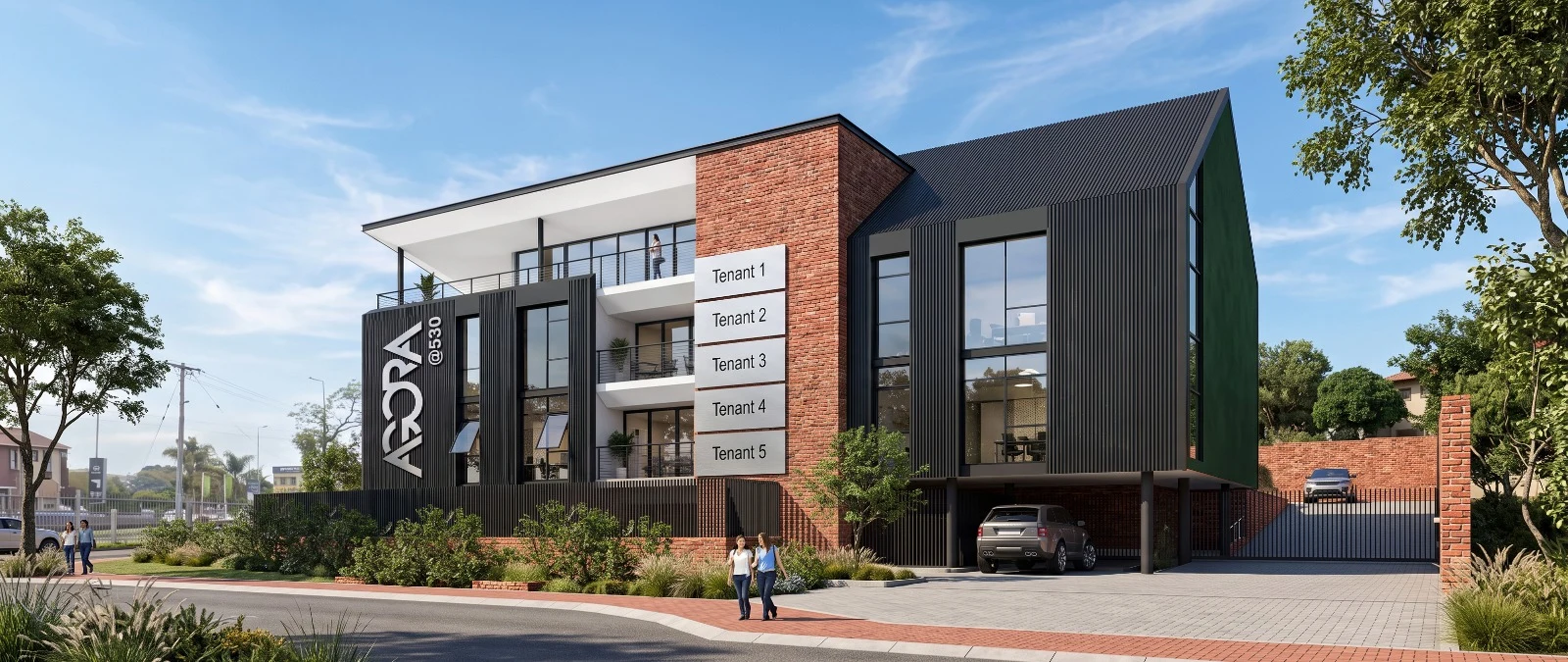 AGORA office street perspective with brick tower and dark metal roof
