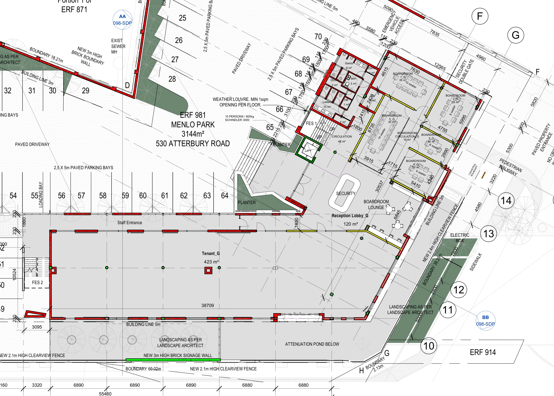 Ground-floor plan showing the proposed 423 square metre office area, reception and boardrooms