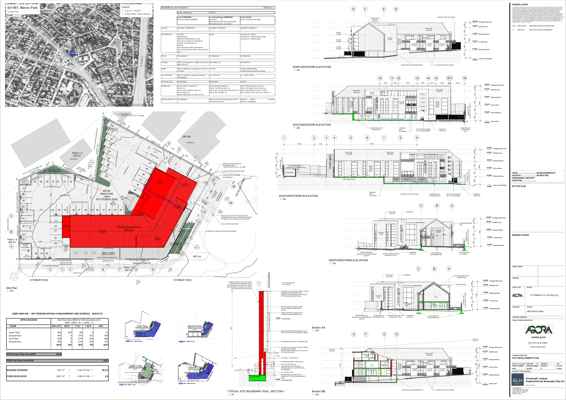 Official site development drawing showing the AGORA building, site layout, areas and elevations